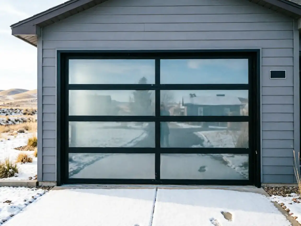 The house has a modern black glass garage door with snow on the driveway.