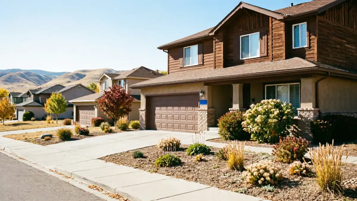 The house has a brown garage door, brown siding, and a tan stucco base.