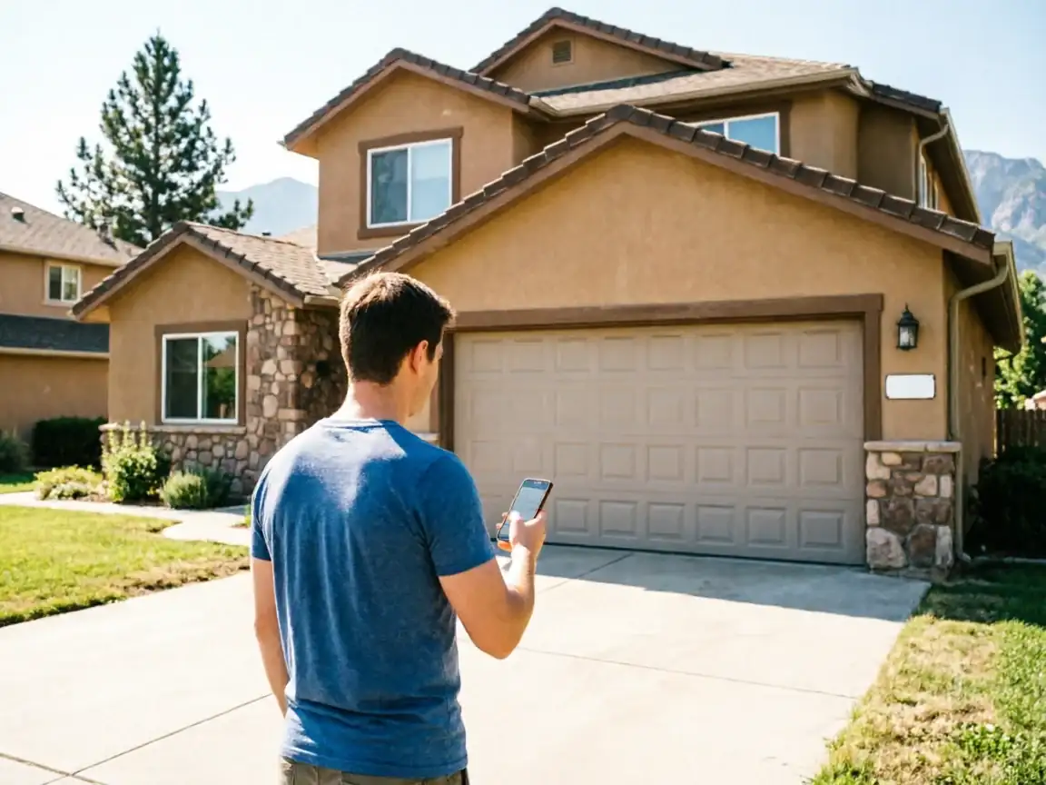 A man in a blue shirt stands in a driveway holding a phone, facing a house.
