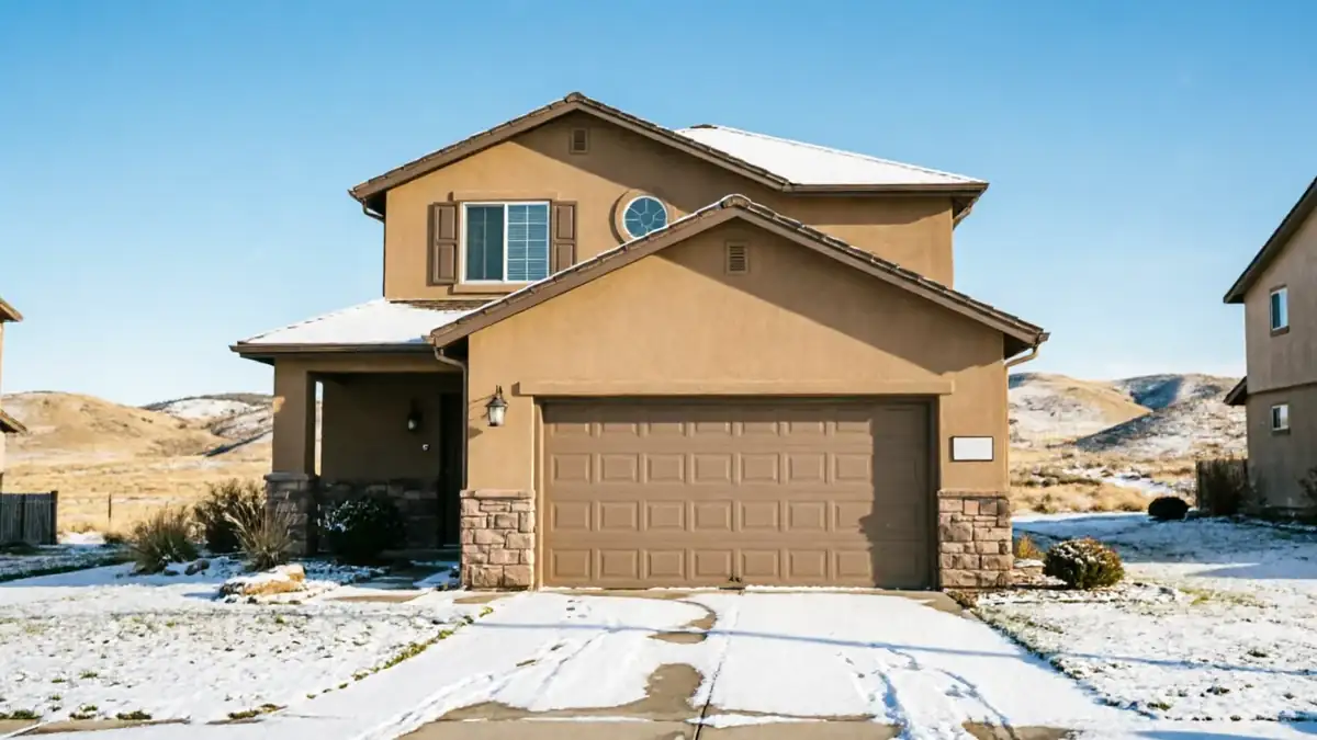A two-story house with a brown garage door and snow on the roof and ground.