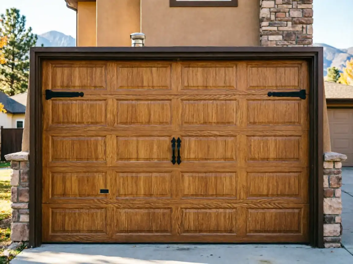 A brown wooden garage door with decorative black hardware is on a house.
